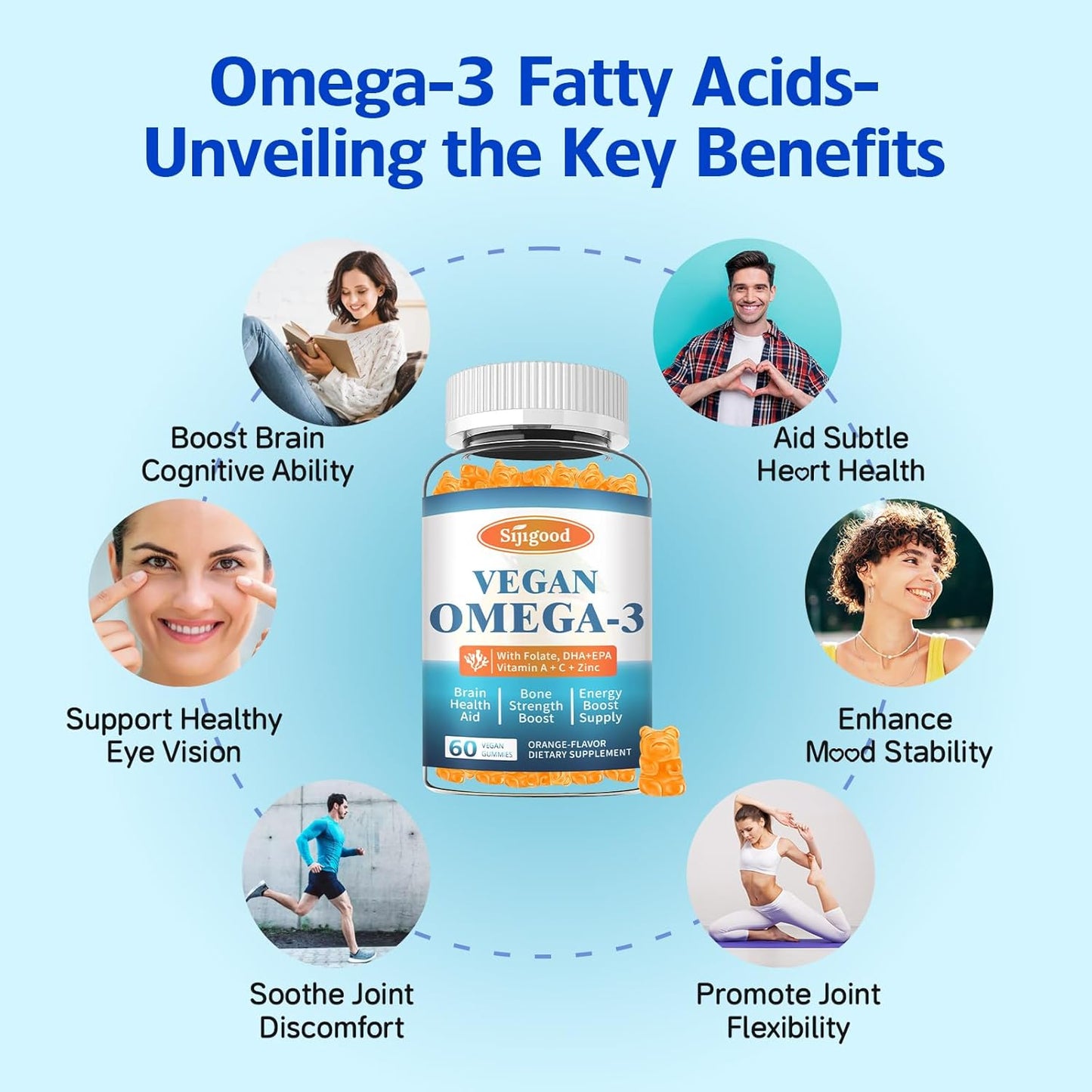 2 Pack Omega-3 Gummies with DHA and EPA for Brain, Eye & Immune Support - Vegan & Sugar Free, Orange Flavor - 120 Count
