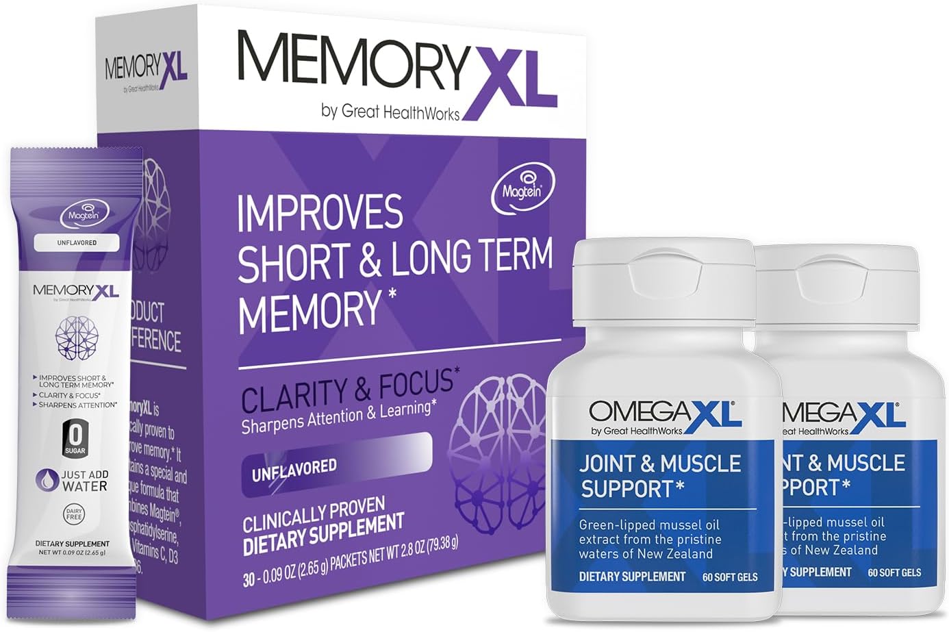 2-Pack OmegaXL Joint Support Supplement with Green Lipped Mussel Oil for Natural Muscle Relief, 60 Count. MemoryXL Brain Supplement for Memory & Focus with Magnesium L-Threonate, 30 Pack.