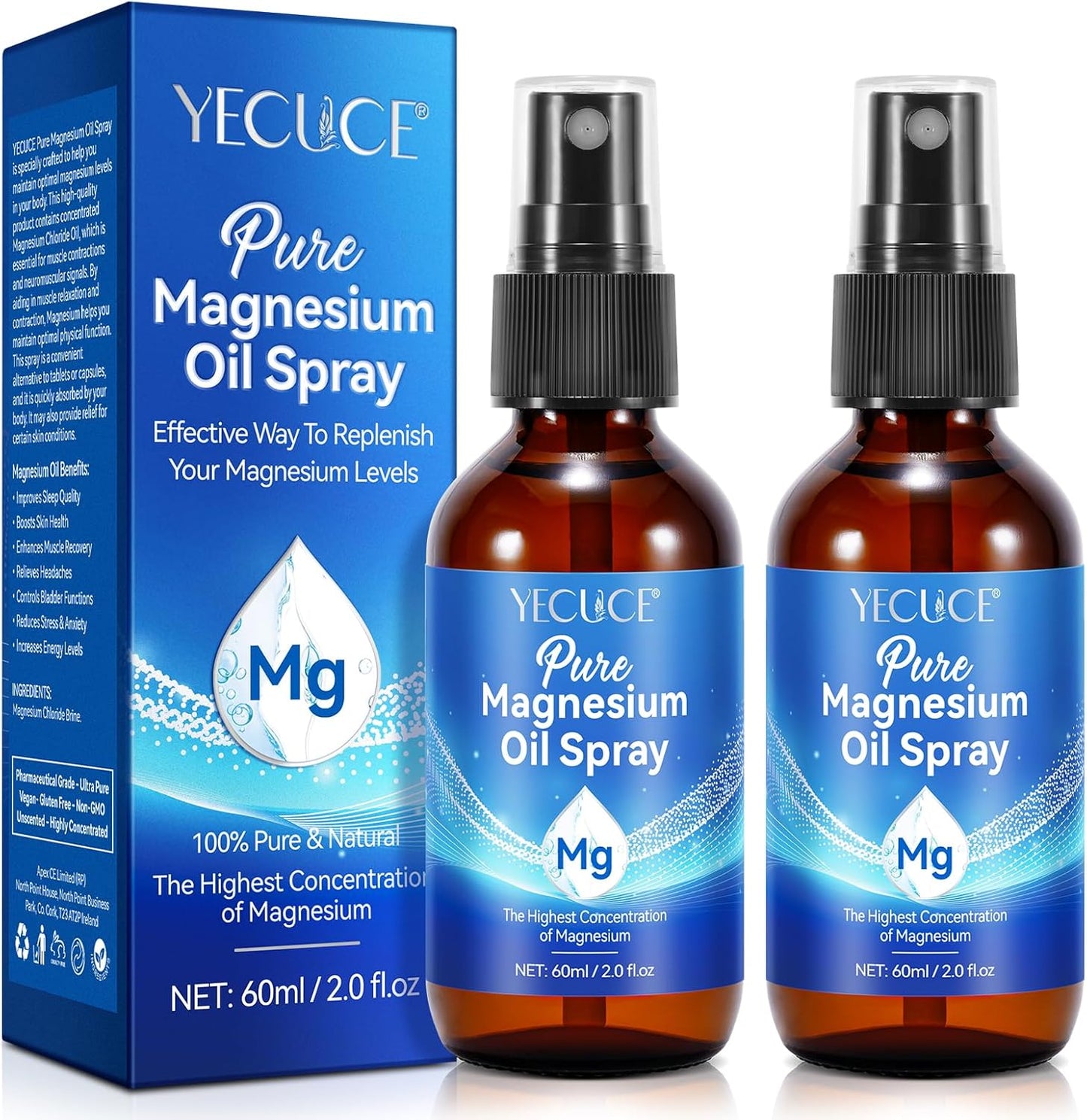 2-Pack Organic Magnesium Oil Spray for Muscle Recovery - 100% Natural Topical Magnesium Spray in Glass Bottle - 4 Fl.Oz