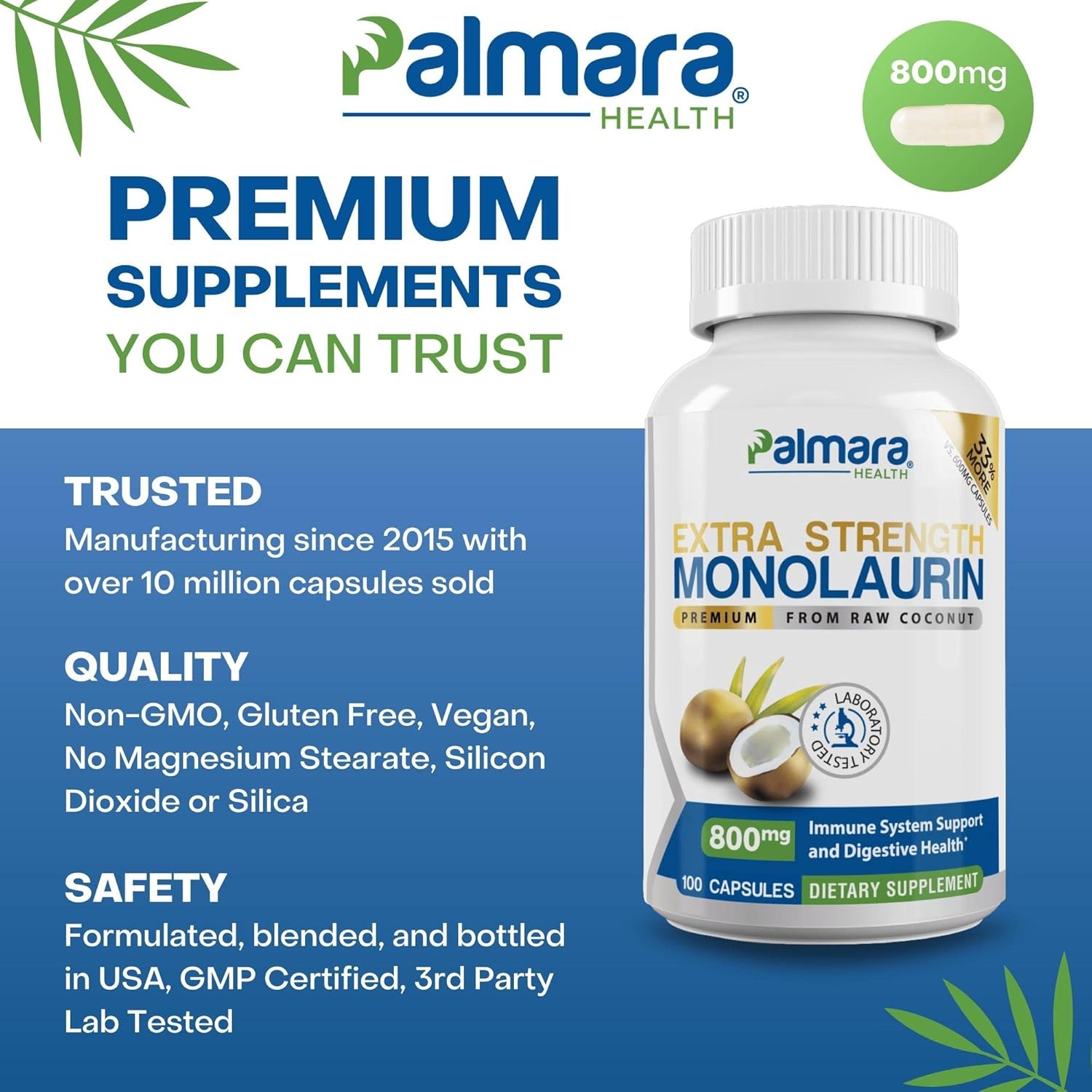 2 Pack Palmara Health Extra Strength Monolaurin Capsules - 1,600mg per Serving, 800mg per Capsule - 200 Capsules