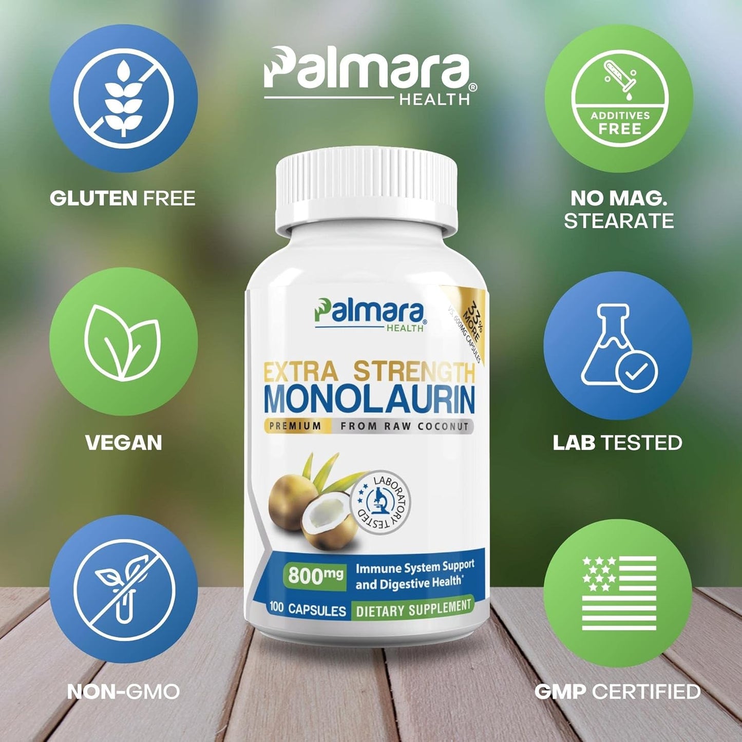 2 Pack Palmara Health Extra Strength Monolaurin Capsules - 1,600mg per Serving, 800mg per Capsule - 200 Capsules