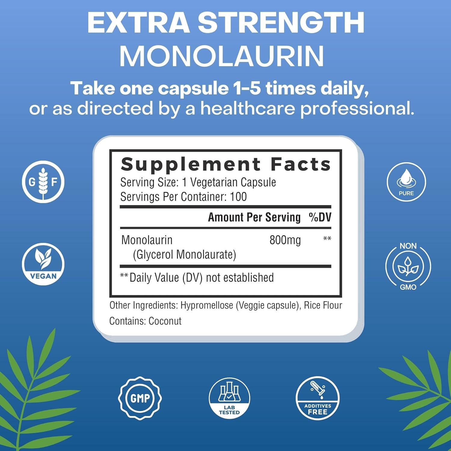 2 Pack Palmara Health Extra Strength Monolaurin Capsules - 1,600mg per Serving, 800mg per Capsule - 200 Capsules
