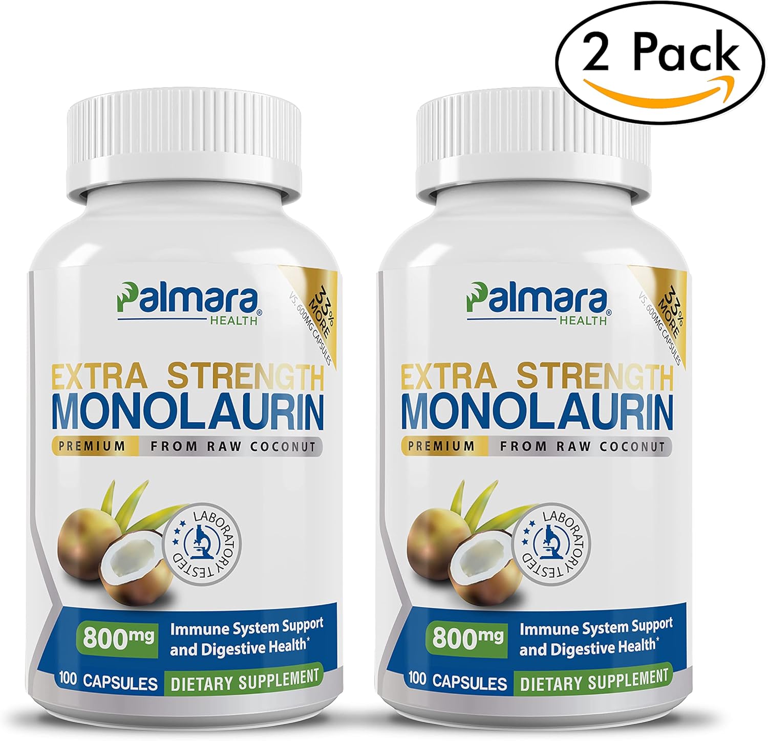 2 Pack Palmara Health Extra Strength Monolaurin Capsules - 1,600mg per Serving, 800mg per Capsule - 200 Capsules