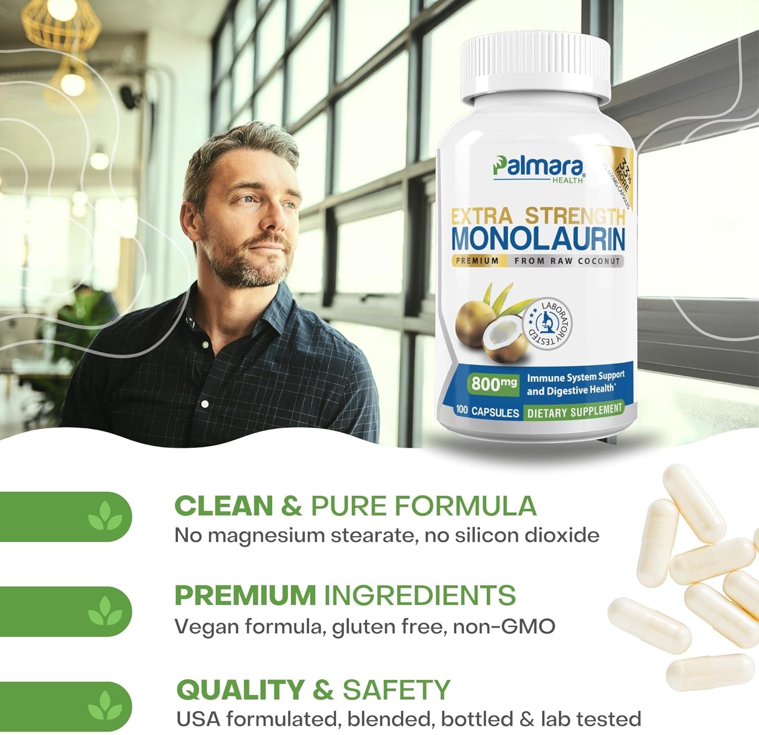 2 Pack Palmara Health Extra Strength Monolaurin Capsules - 1,600mg per Serving, 800mg per Capsule - 200 Capsules