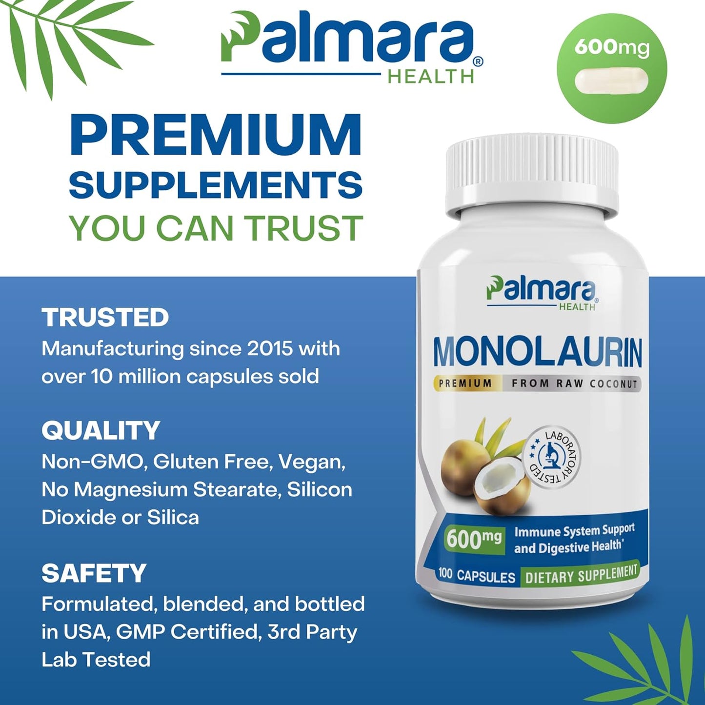 2-Pack Palmara Health Premium Monolaurin Capsules - 1,200mg per Serving (400 Capsules Total)