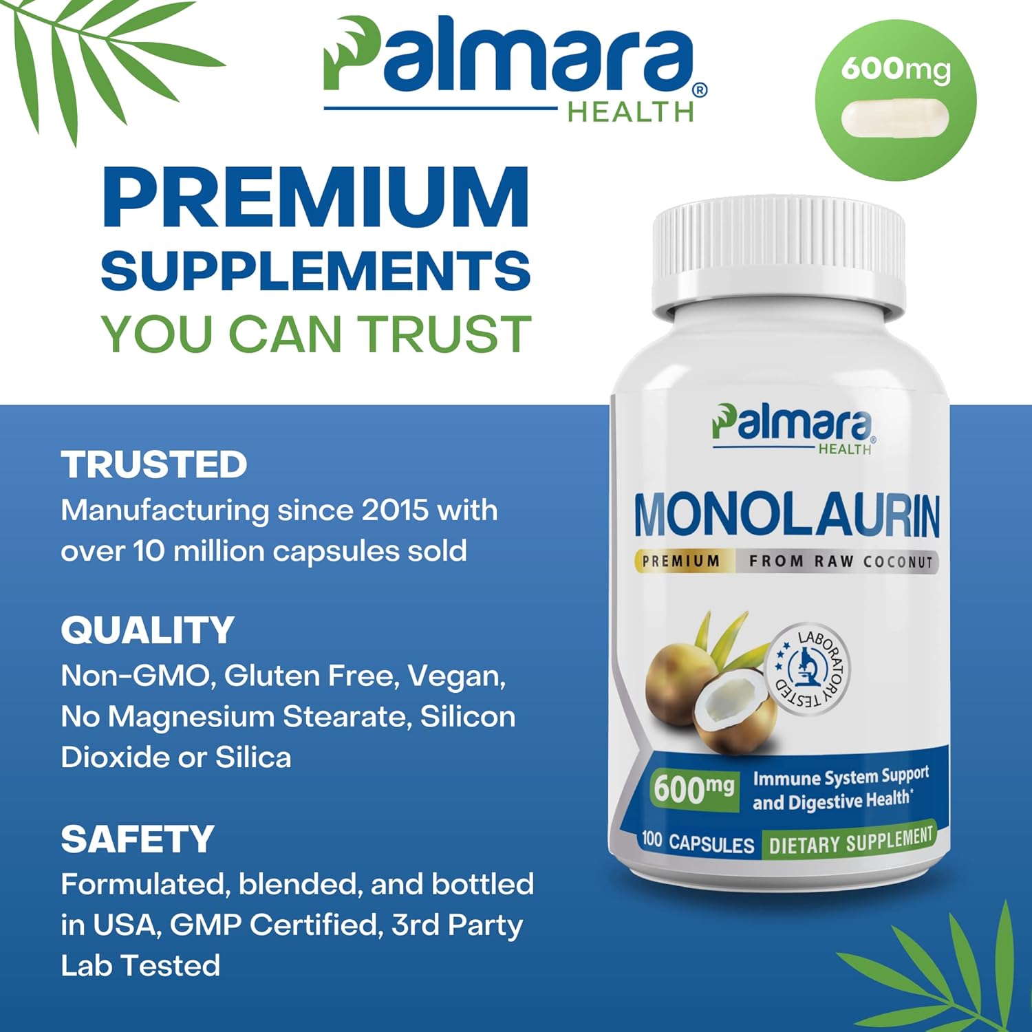 2-Pack Palmara Health Premium Monolaurin Capsules - 1,200mg per Serving (400 Capsules Total)