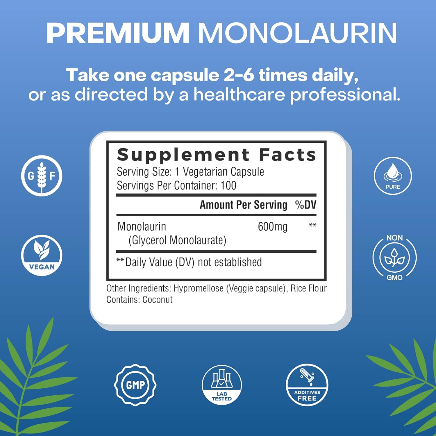 2-Pack Palmara Health Premium Monolaurin Capsules - 1,200mg per Serving (400 Capsules Total)