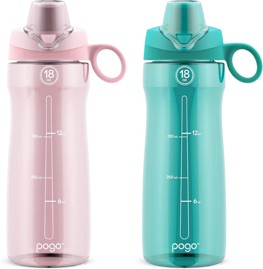 2-Pack Pogo Plastic Water Bottles with Carry Handle - BPA Free, Reusable, Dishwasher Safe - Ideal for Travel, School, Outdoors, Gym - 18oz, 32oz