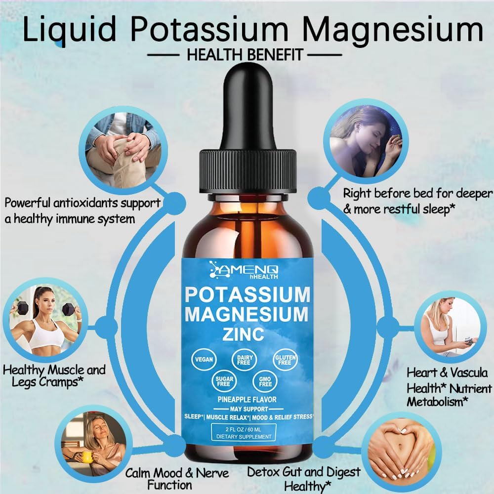 2-Pack Potassium Magnesium Liquid Supplement with Triple Complex Magnesium & Potassium, Bromelain, Ashwagandha, D3, B6, and Zinc for Muscle Health and Leg Cramps - Cortisol Balanced and Promotes Better Sleep