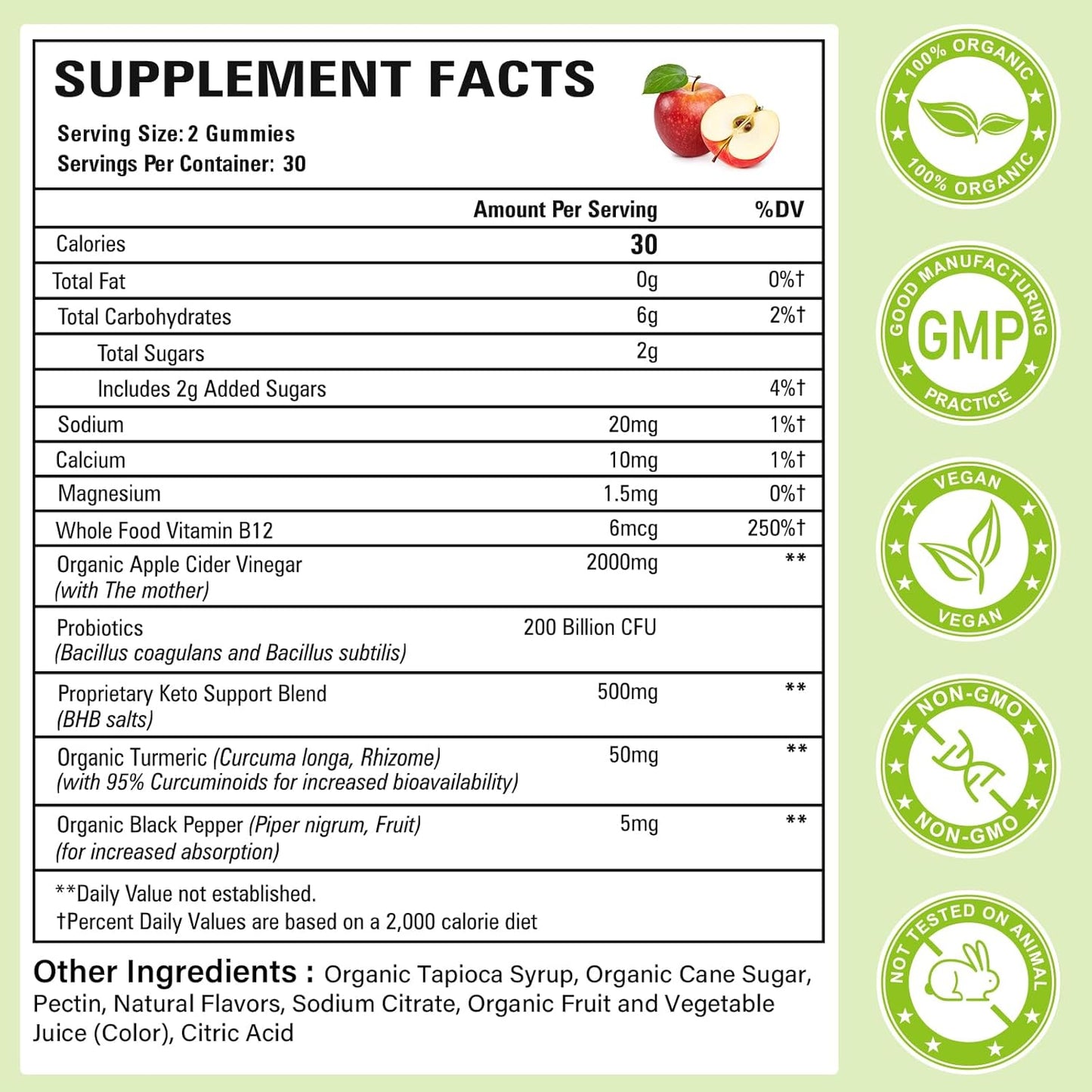 2-Pack Powerific Apple Cider Vinegar Gummies with Mother - 2000mg Strength, Probiotics, Vitamin B12 - Digestion, Metabolism, Cleanse & Detox