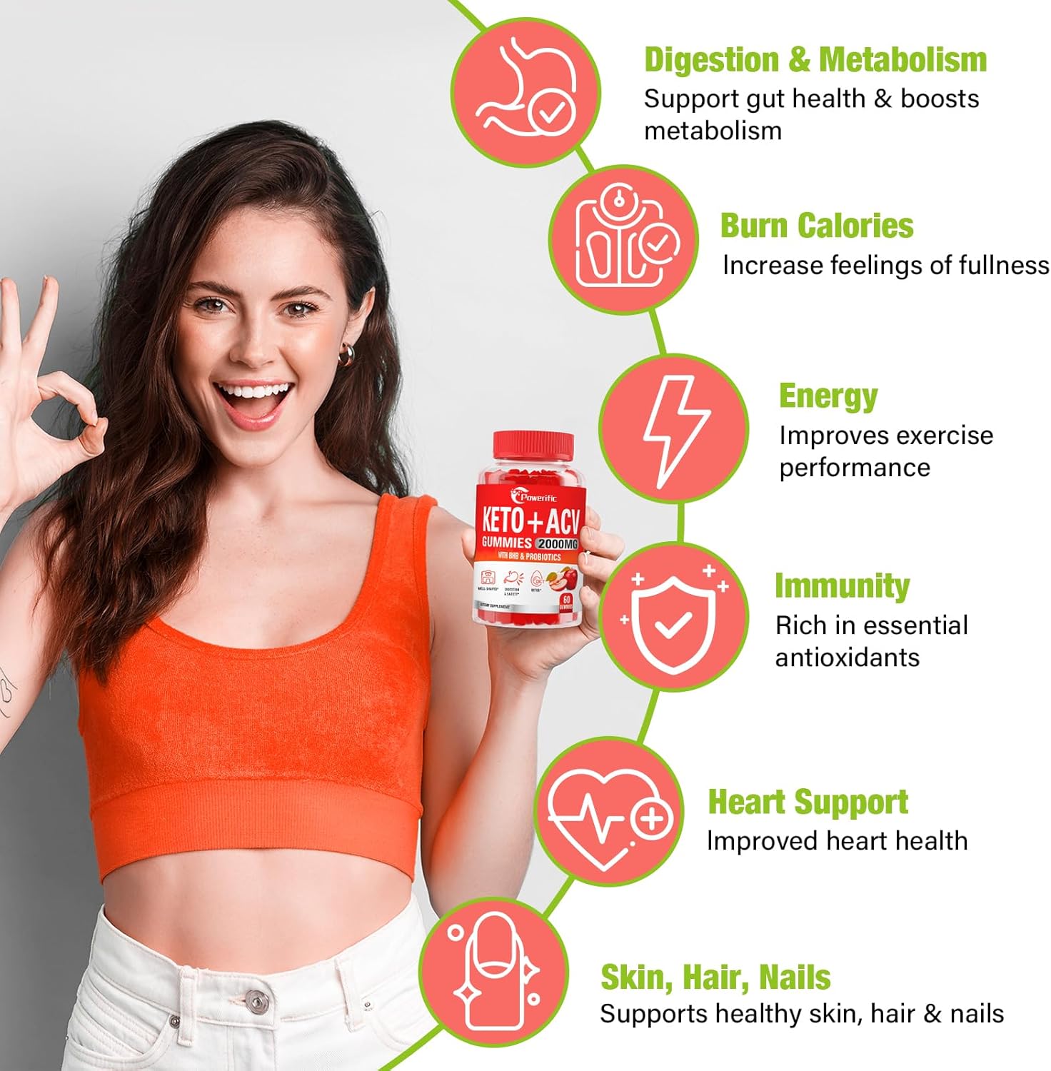 2-Pack Powerific Apple Cider Vinegar Gummies with Mother - 2000mg Strength, Probiotics, Vitamin B12 - Digestion, Metabolism, Cleanse & Detox