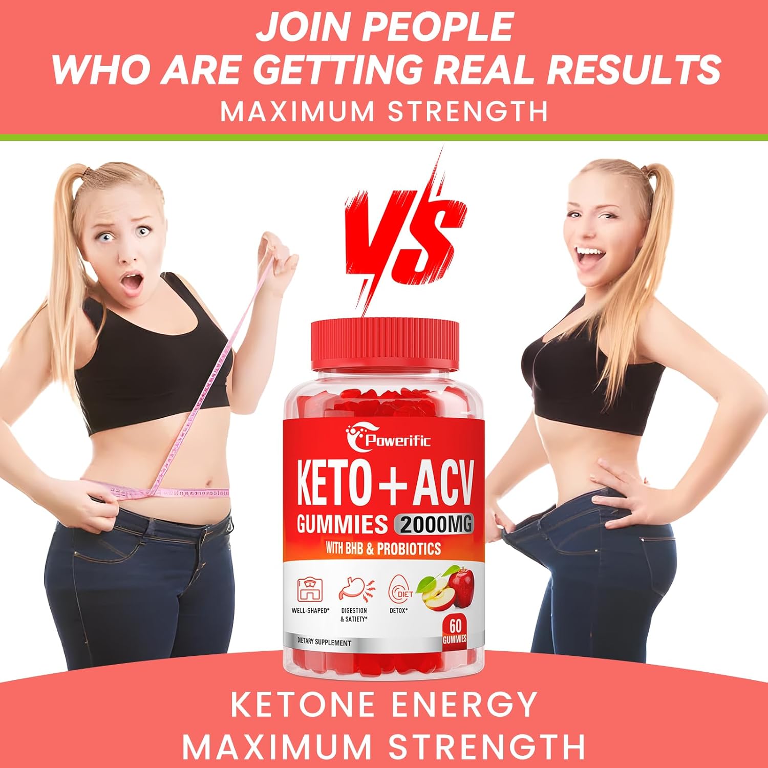 2-Pack Powerific Apple Cider Vinegar Gummies with Mother - 2000mg Strength, Probiotics, Vitamin B12 - Digestion, Metabolism, Cleanse & Detox