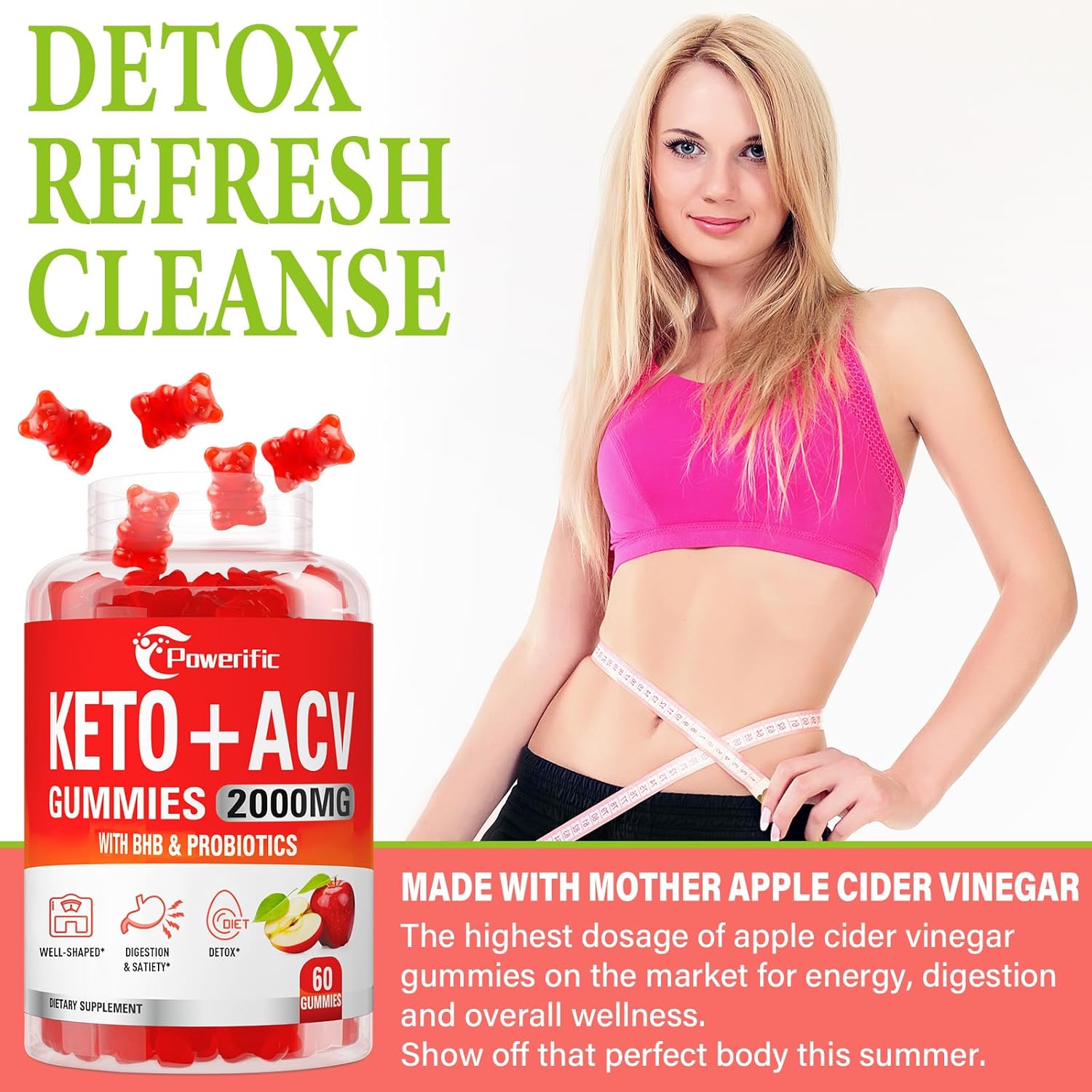 2-Pack Powerific Apple Cider Vinegar Gummies with Mother - 2000mg Strength, Probiotics, Vitamin B12 - Digestion, Metabolism, Cleanse & Detox