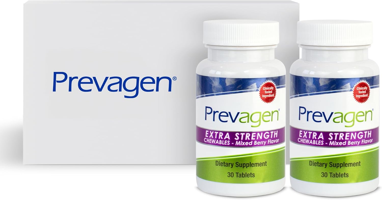 2 Pack Prevagen Extra Strength 20mg Chewables in Mixed Berry Flavor with Apoaequorin & Vitamin D, Includes Stackable Storage Box