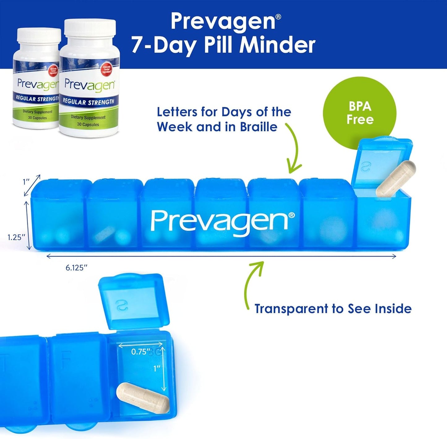2-Pack: Prevagen Regular Strength 10mg Capsules with Apoaequorin, Vitamin D, and 7-Day Pill Minder