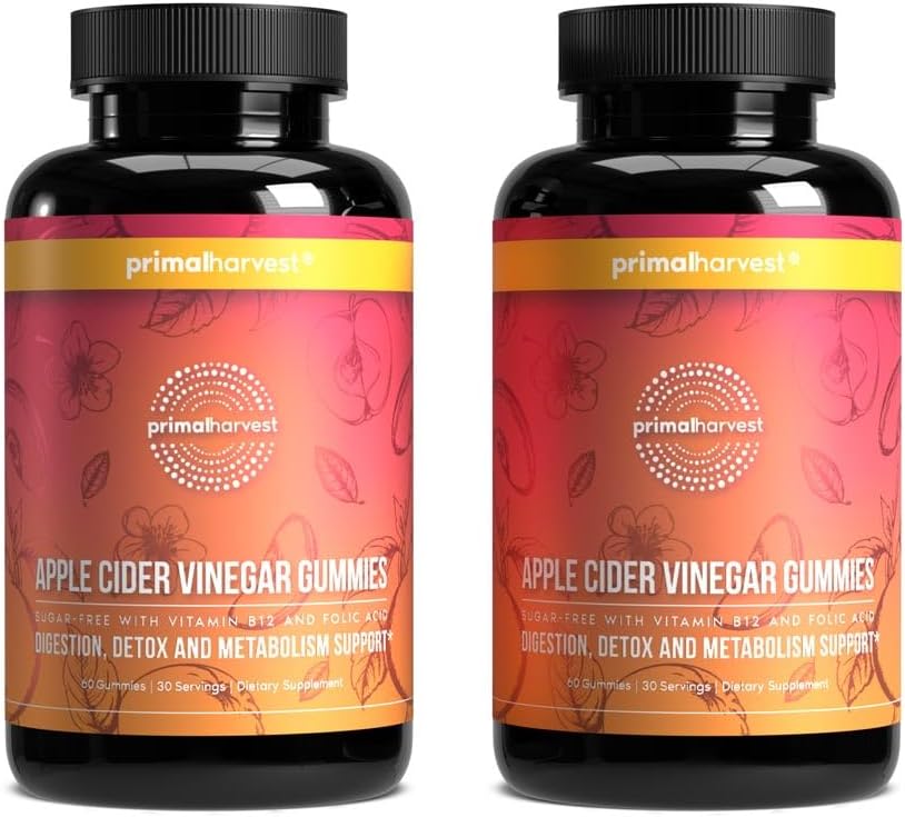 2 Pack Primal Harvest ACV Gummies - Sugar Free Apple Cider Beetroot & Pomegranate - 750 MG (120 Count) - Immunity, Digestion, Detox Support