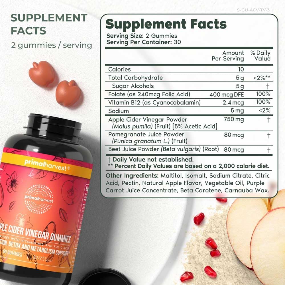 2 Pack Primal Harvest ACV Gummies - Sugar Free Apple Cider Beetroot & Pomegranate - 750 MG (120 Count) - Immunity, Digestion, Detox Support
