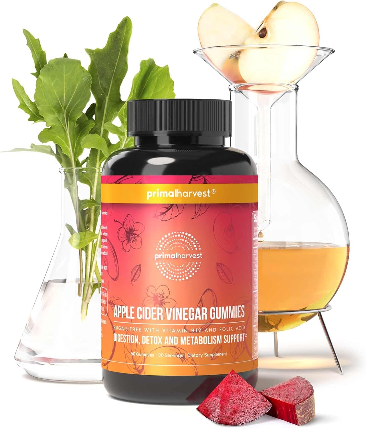 2 Pack Primal Harvest ACV Gummies - Sugar Free Apple Cider Beetroot & Pomegranate - 750 MG (120 Count) - Immunity, Digestion, Detox Support