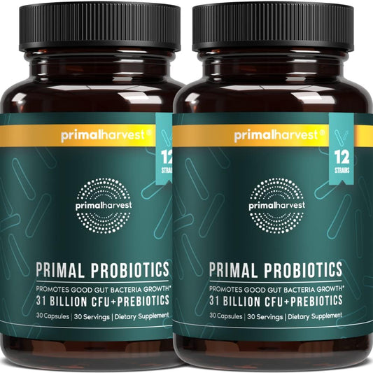 2 Pack Primal Probiotics for Women & Men - 30 Oral Capsules, PREbiotics and PRObiotics, 12 Dynamic Strains for Gut & Digestive Health