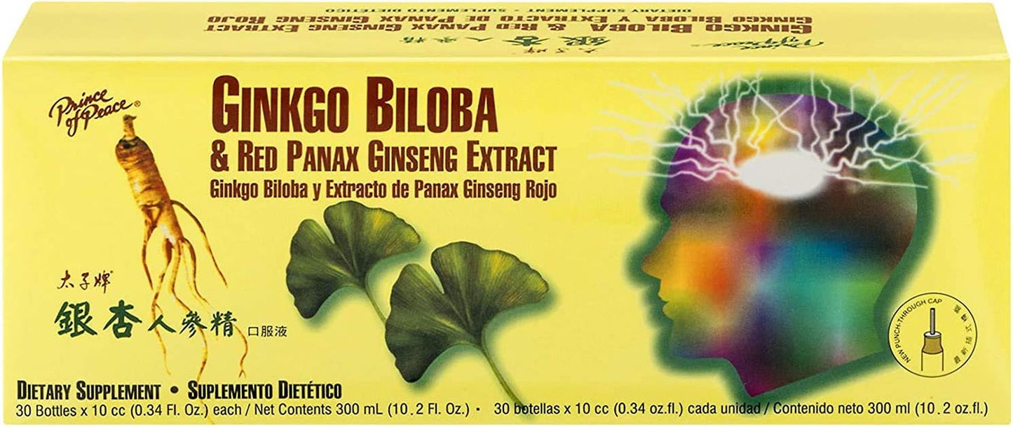 2 Pack Prince of Peace Ginkgo Biloba & Red Panax Ginseng Extract Supplement, 0.34 fl. oz. - Supports Well-Being - 60 Bottles Total