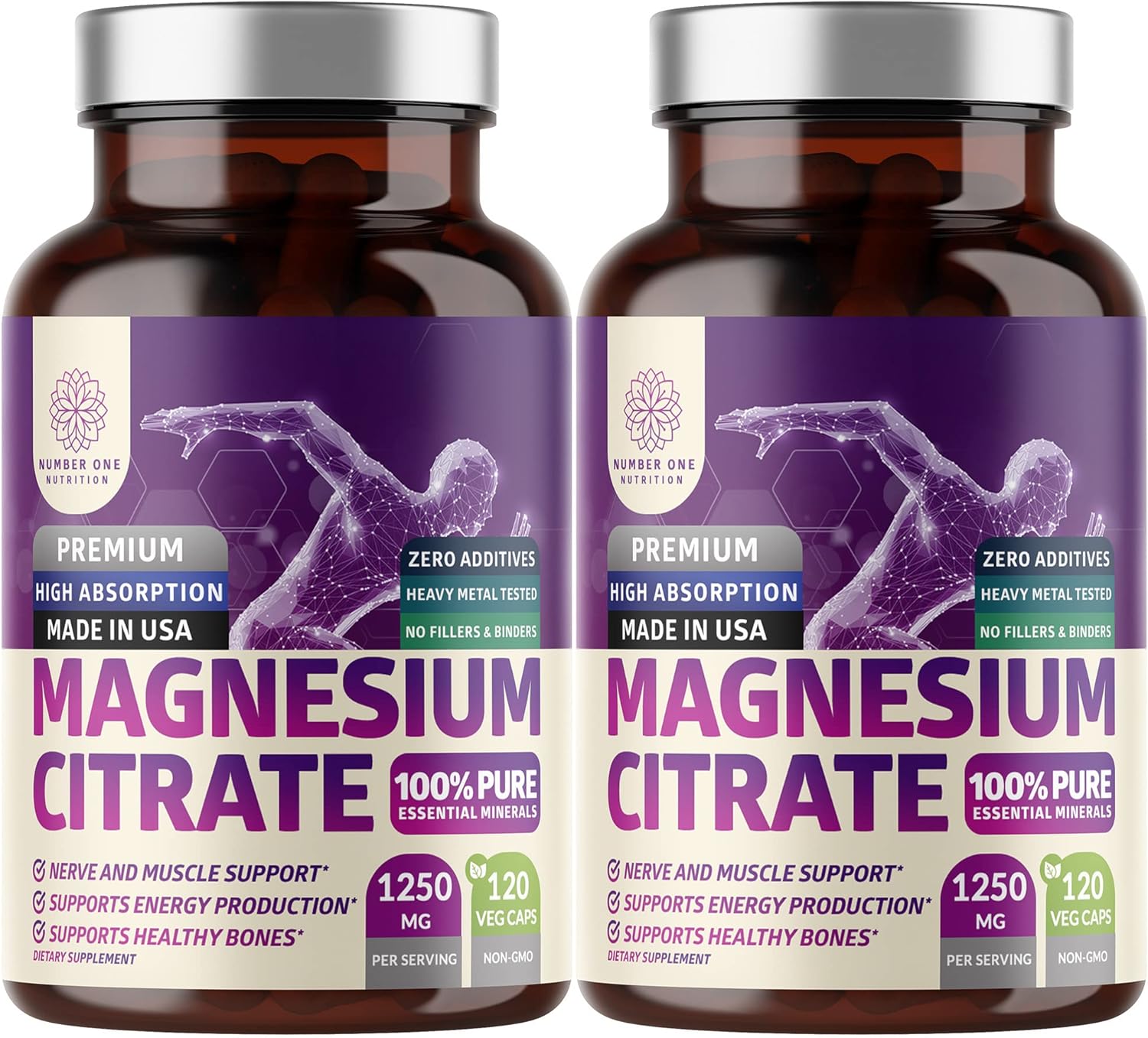 2-Pack Pure Magnesium Citrate Capsules 1250mg - High Absorption Trace Mineral for Muscle & Digestive Support - 240 Capsules - BoostGo Australia