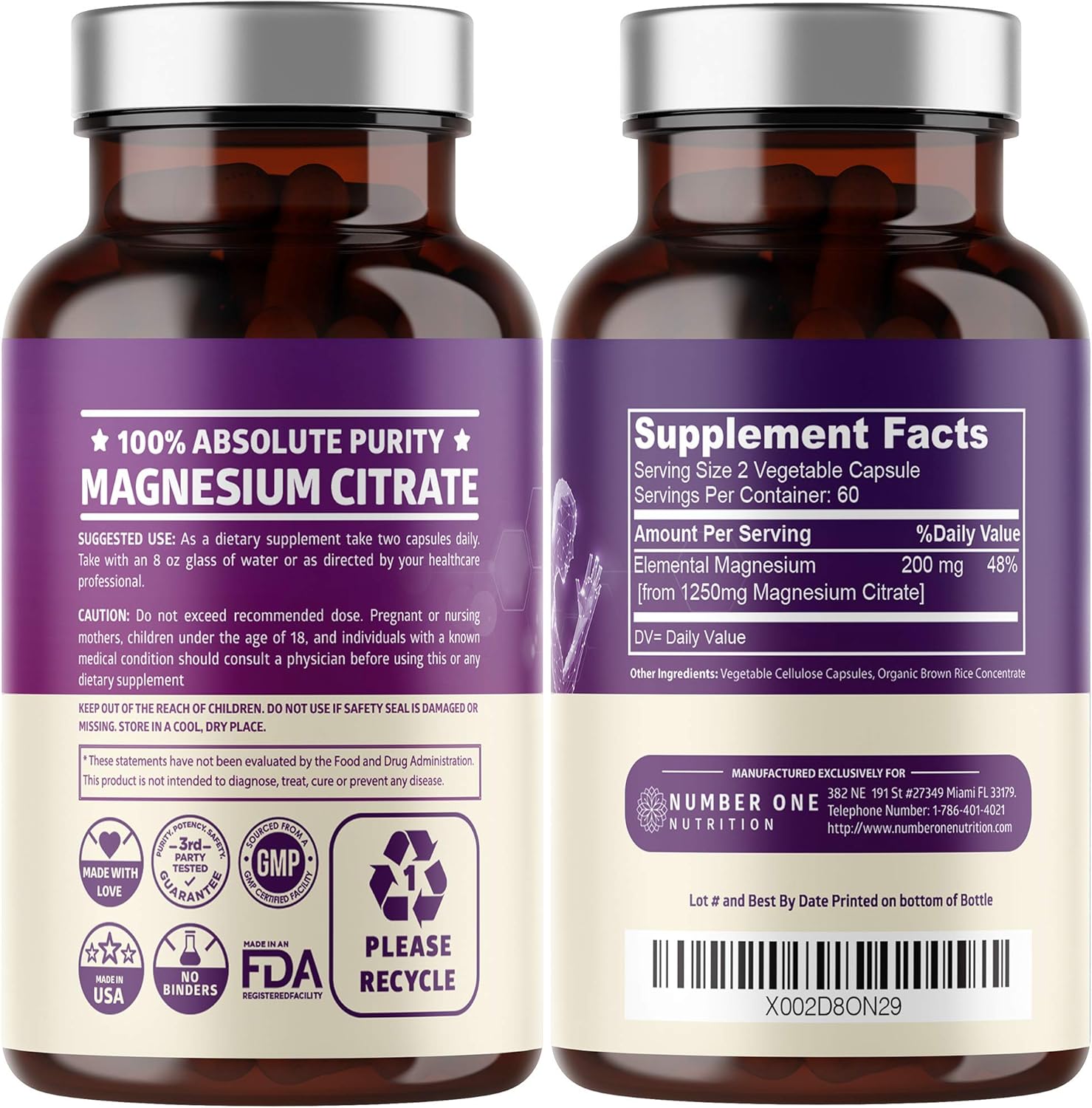2-Pack Pure Magnesium Citrate Capsules 1250mg - High Absorption Trace Mineral for Muscle & Digestive Support - 240 Capsules - BoostGo Australia