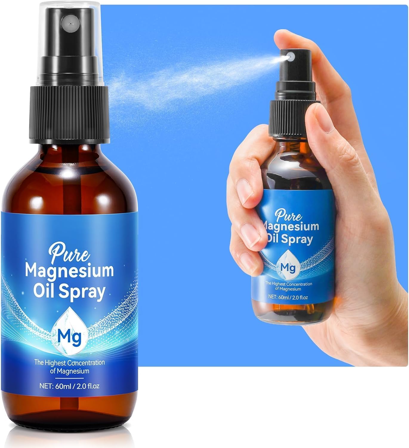 2 Pack Pure Magnesium Oil Spray - Organic High Concentration Topical Glass Bottle - Easy Absorption - Replenish Body's Magnesium - 4 fl oz
