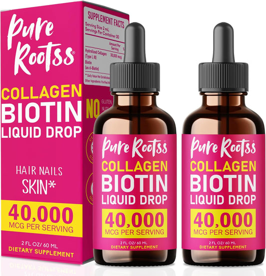 2 Pack PureRootss Liquid Collagen & Biotin 2 Fl Oz - 40000 mcg Hair Skin Nails Supplement for Women - Hydrolized Collagen Peptides - Sugar Free - Raspberry Flavor