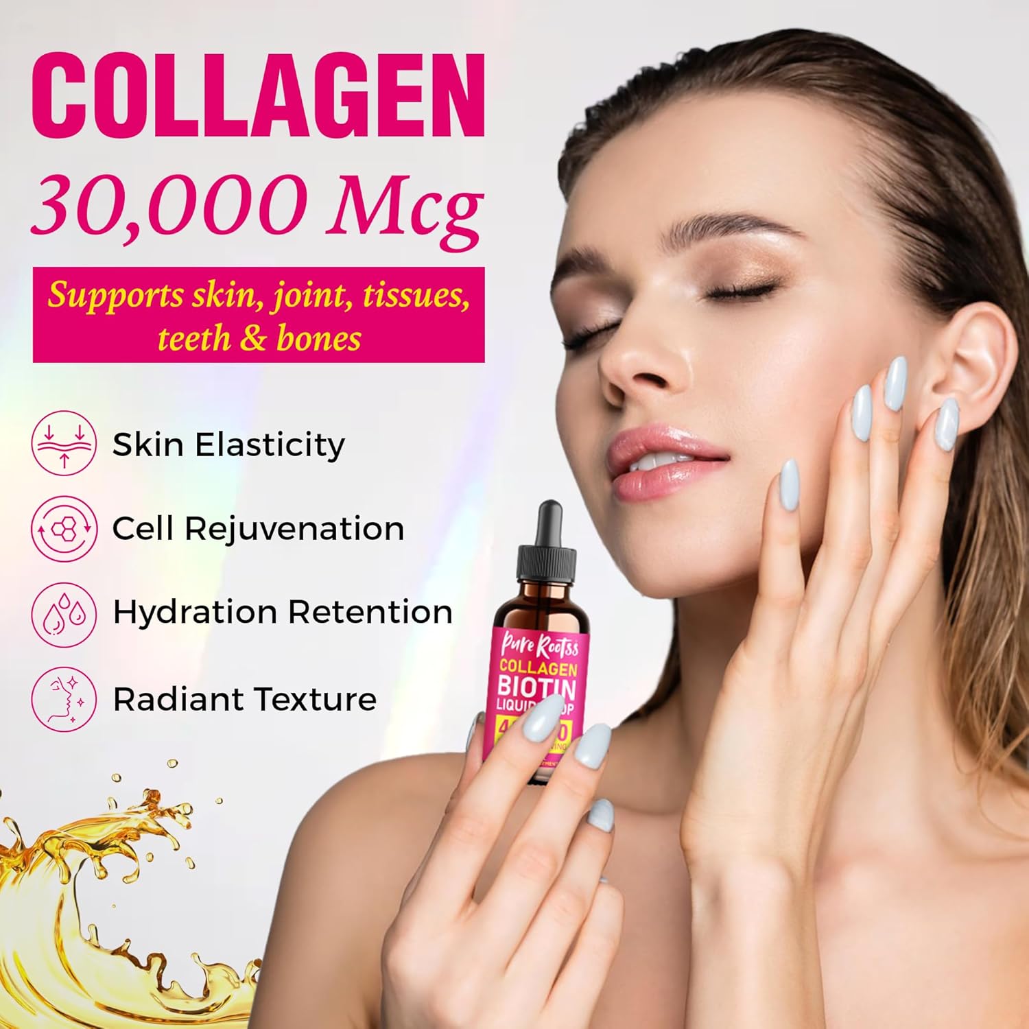 2 Pack PureRootss Liquid Collagen & Biotin 2 Fl Oz - 40000 mcg Hair Skin Nails Supplement for Women - Hydrolized Collagen Peptides - Sugar Free - Raspberry Flavor