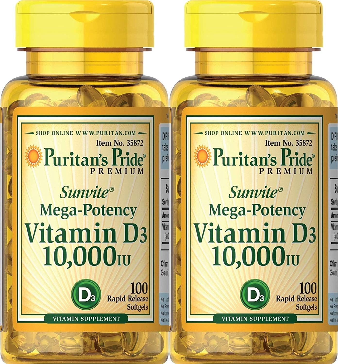 2 Pack Puritan's Pride Vitamin D3 10,000 IU Capsules - 100 Count