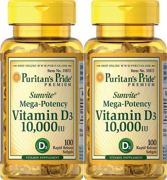 2 Pack Puritan's Pride Vitamin D3 10,000 IU Capsules - 100 Count