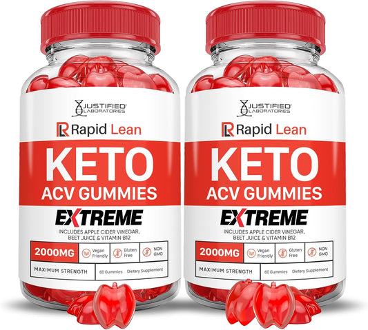 2-Pack Rapid Lean Keto ACV Gummies - Extreme 2000MG - Apple Cider Vinegar with Pomegranate Beet Juice - B12 Vegan Non GMO - 120 Gummies