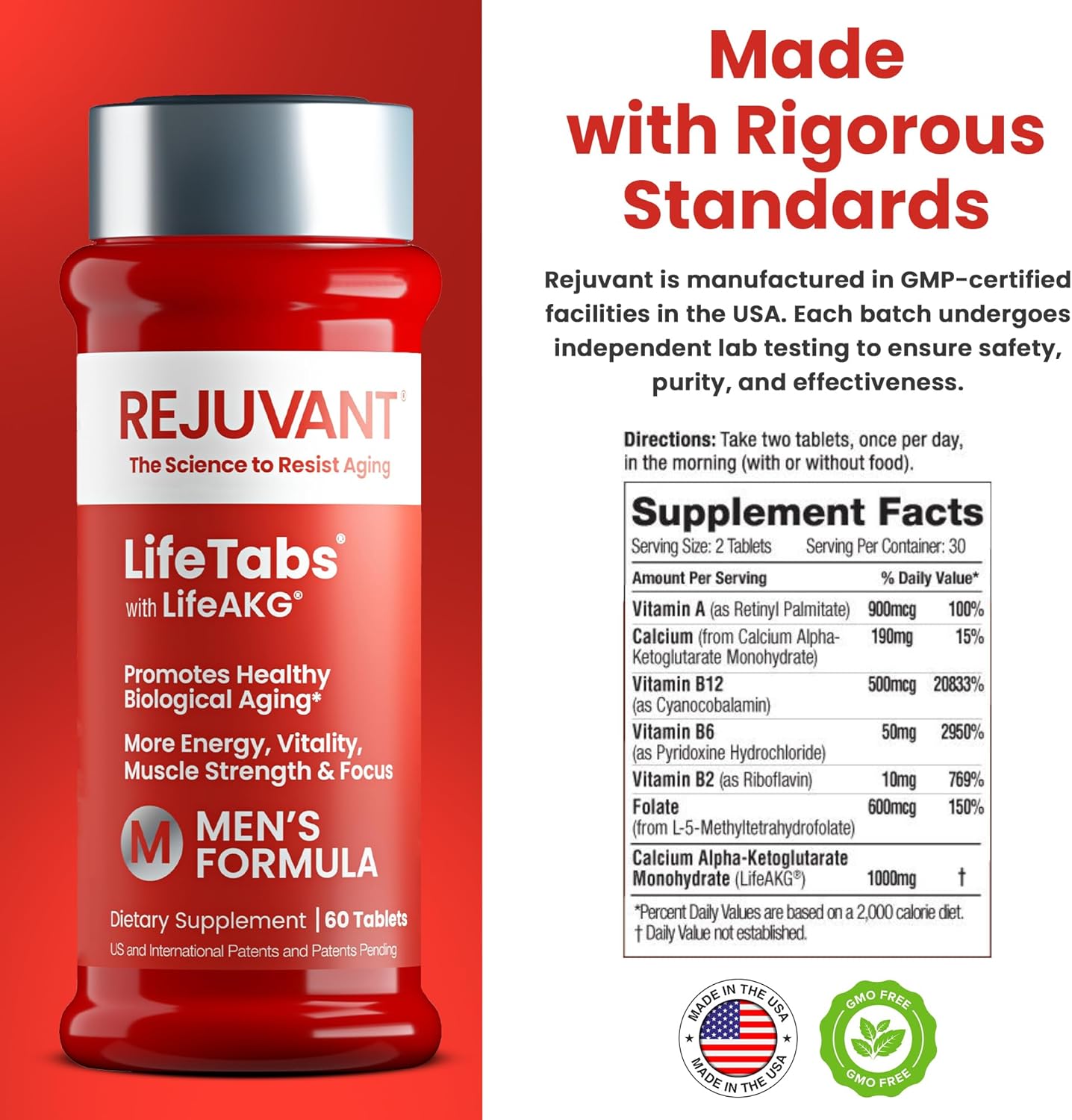 2 Pack Rejuvant AKG Longevity Supplement for Men & Women - 1000MG Pure Calcium Alpha-Ketoglutarate - Sustained-Release Formula for Cellular Repair & Vitality