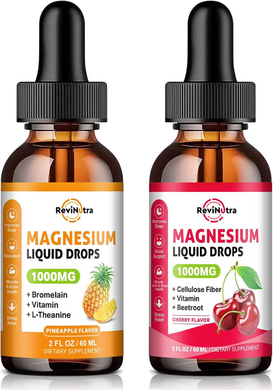2-Pack ReviNutra Liquid Magnesium Glycinate Drops for Sleep, Nerve Health, and Energy - Sugar-Free Pineapple & Cherry Flavor - Muscle Support