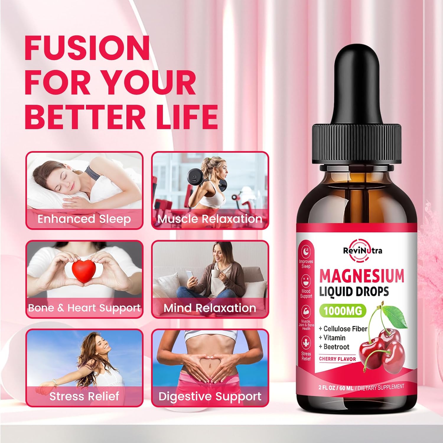 2-Pack ReviNutra Liquid Magnesium Glycinate Drops for Sleep, Nerve Health, and Energy - Sugar-Free Pineapple & Cherry Flavor - Muscle Support