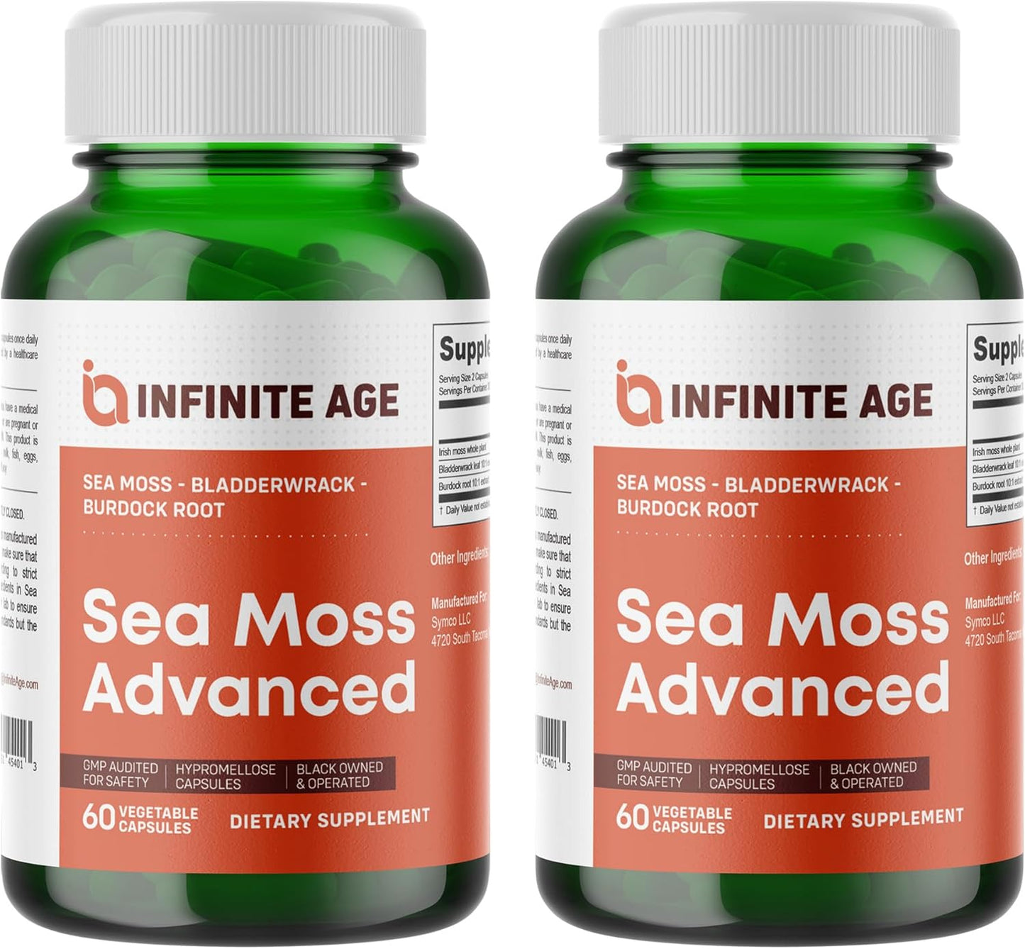2 Pack Sea Moss Advanced Superfood - 1250mg, High-Potency, Vegan, Made in USA - Irish Sea Moss, Bladderwrack, Burdock Root - Immunity Support, Overall Health - 120 Capsules
