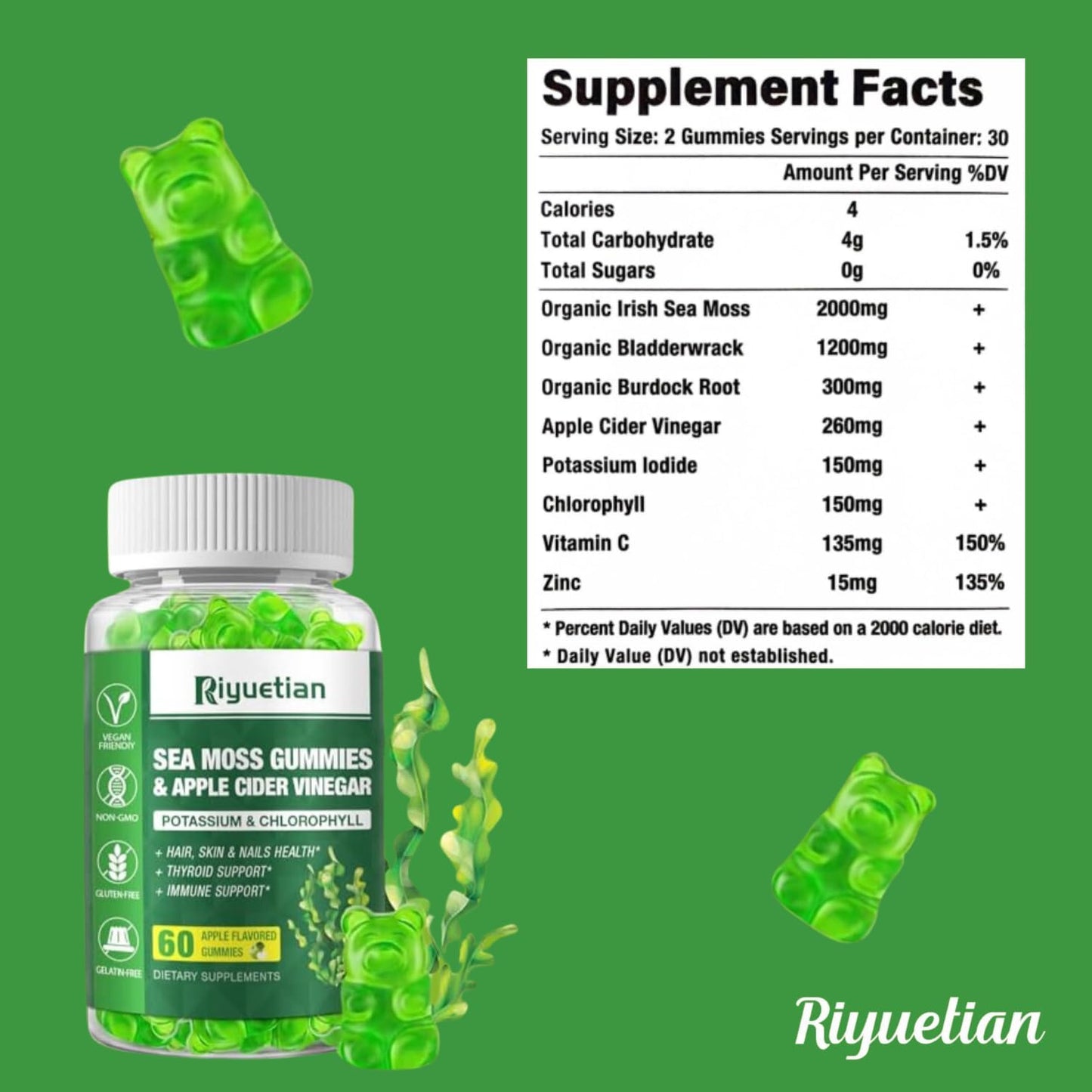 2 Pack Sea Moss Gummies - 120 Vegan Irish Moss Gummy Bears - Natural Organic Ingredients - Energy, Immune Support - Seamoss Supplement