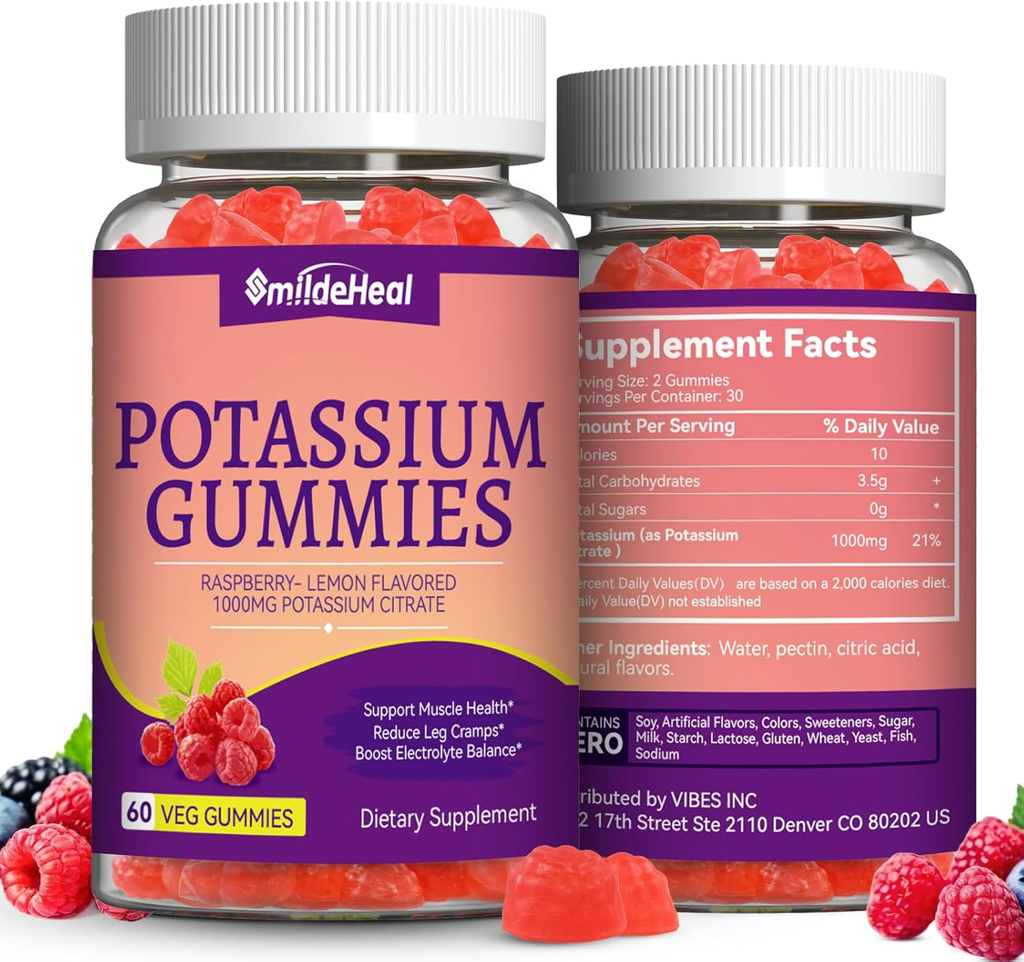 2 Pack SmildeHeal Potassium Gummies 1000mg for Adults - Supports Leg Cramps & Muscle Health - Vegan, Non-GMO - 120 Count