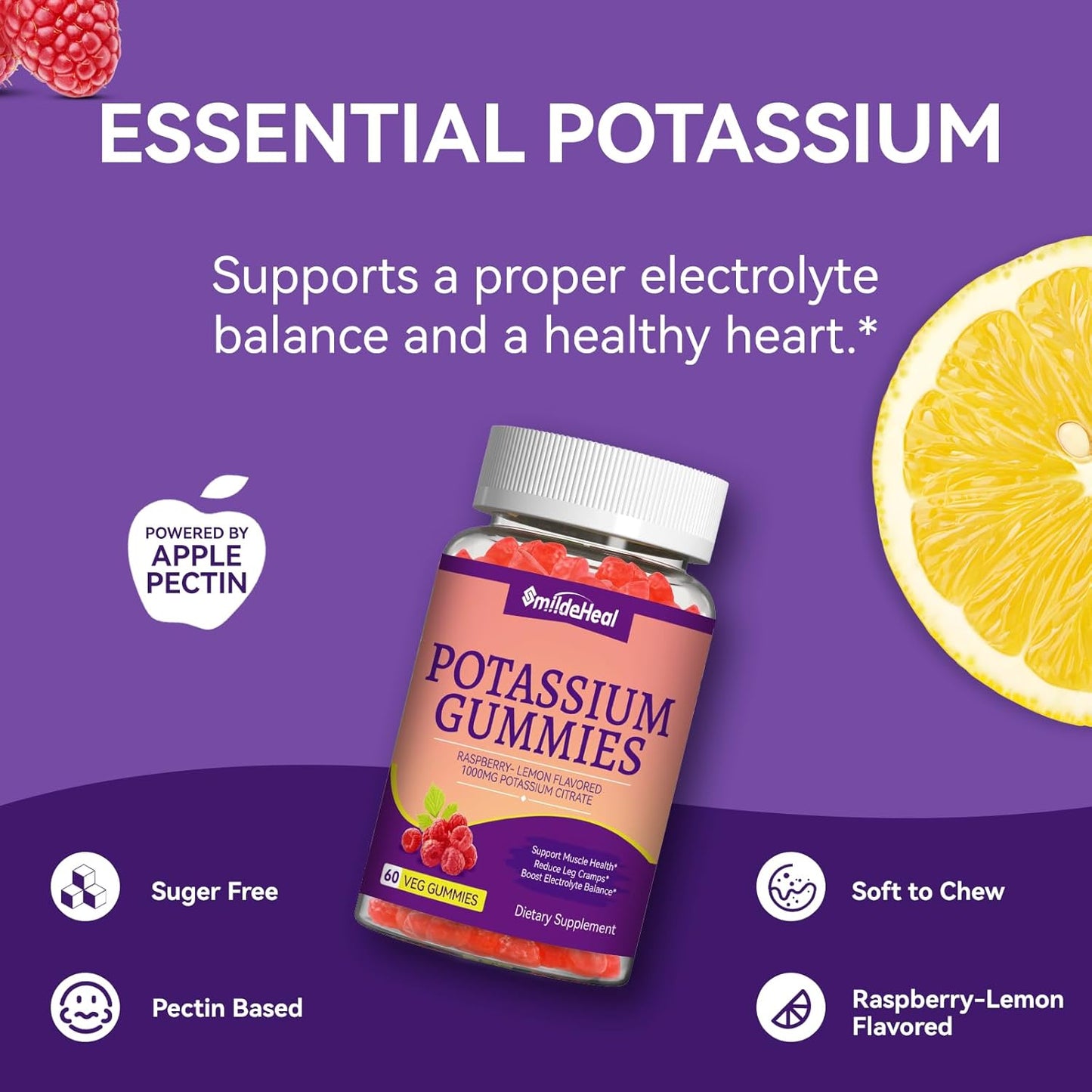 2 Pack SmildeHeal Potassium Gummies 1000mg for Adults - Supports Leg Cramps & Muscle Health - Vegan, Non-GMO - 120 Count