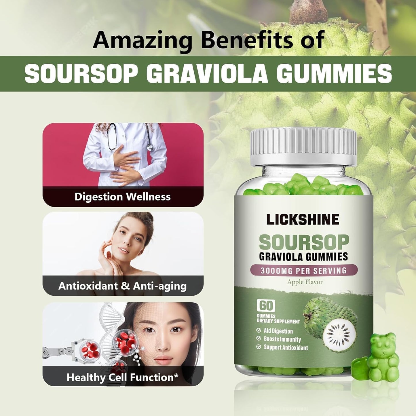 2 Pack Soursop Graviola Gummies - 3000mg Extra Strength Supplement with Vitamin C & Zinc - Digestive Aid & Immune Support - Sugar-Free, Vegan - 120 Counts