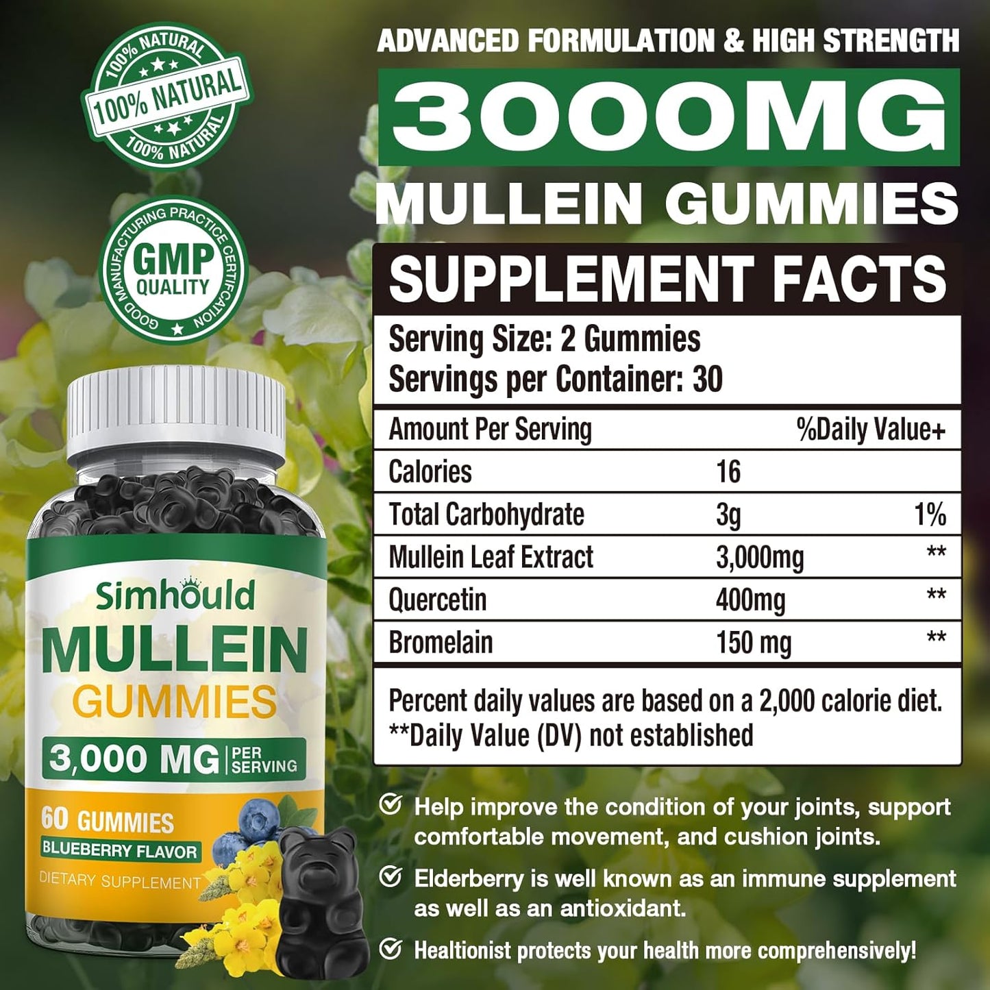 2 Pack Sugar Free 3000MG Mullein Gummies - Organic Lung Cleanse Supplement with Quercetin & Bromelain for Respiratory and Digestive Health