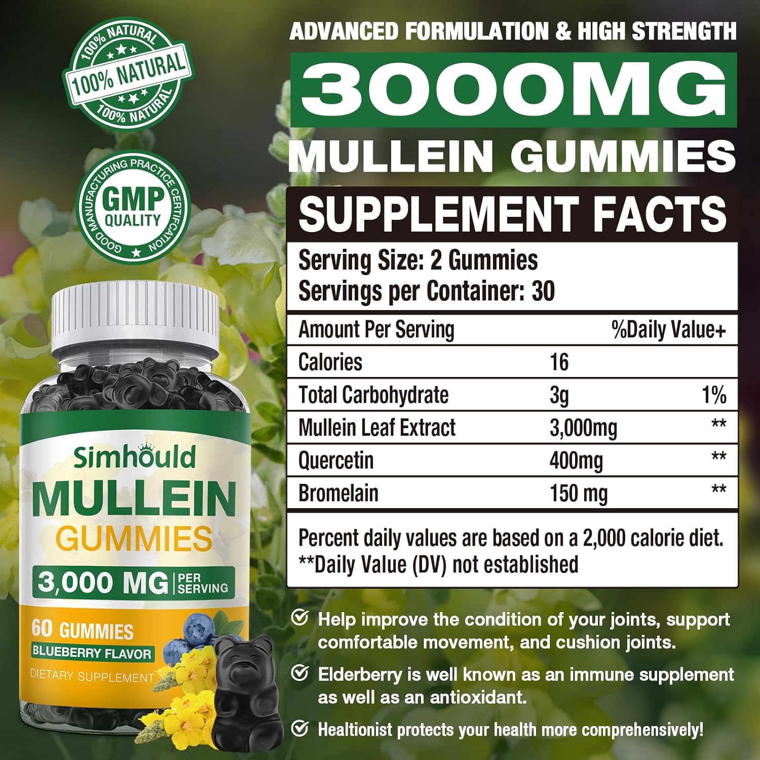 2 Pack Sugar Free 3000MG Mullein Gummies - Organic Lung Cleanse Supplement with Quercetin & Bromelain for Respiratory and Digestive Health