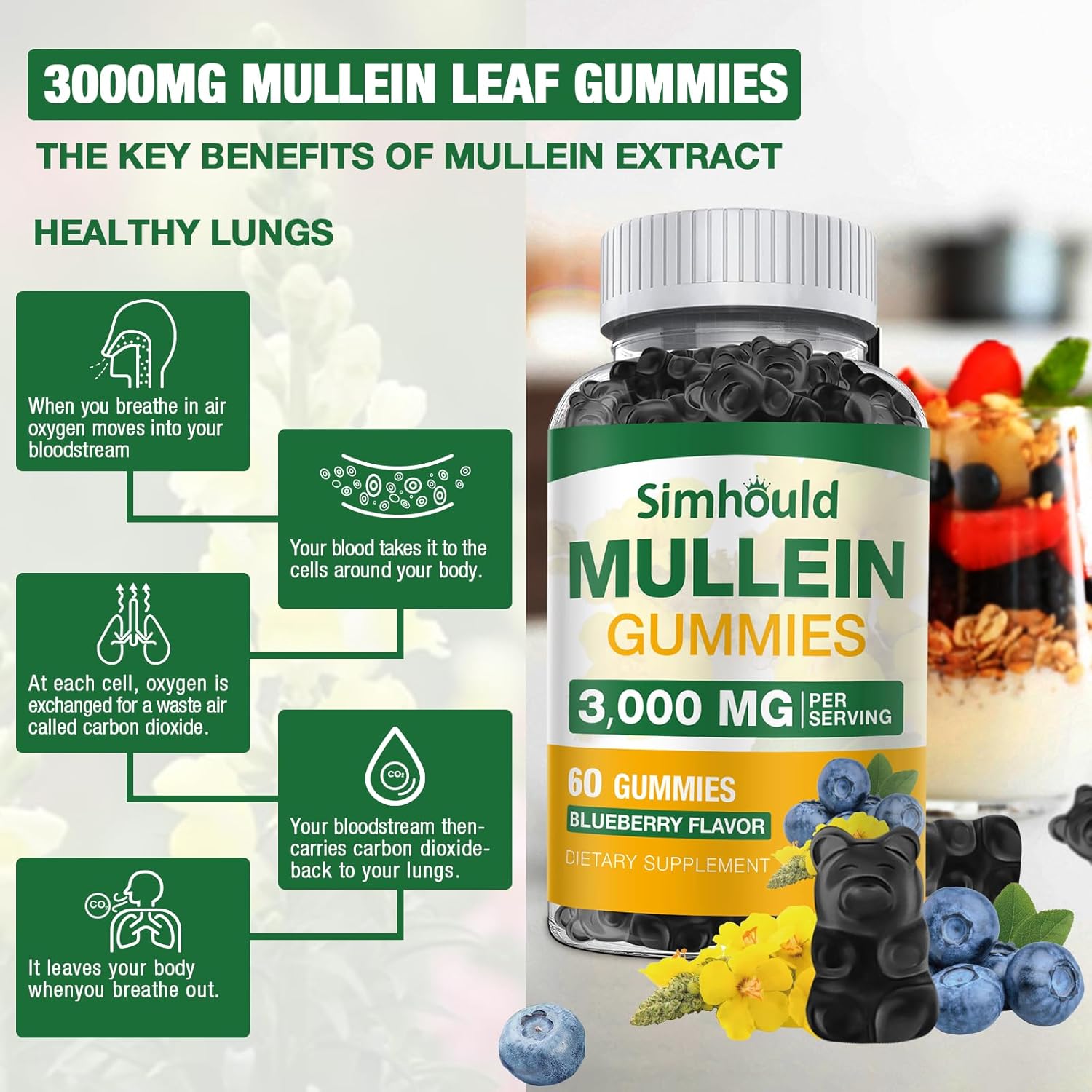 2 Pack Sugar Free 3000MG Mullein Gummies - Organic Lung Cleanse Supplement with Quercetin & Bromelain for Respiratory and Digestive Health