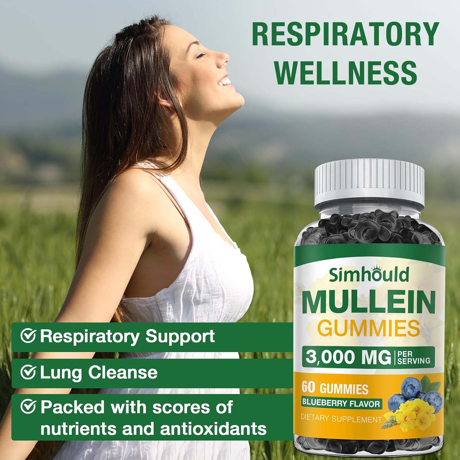 2 Pack Sugar Free 3000MG Mullein Gummies - Organic Lung Cleanse Supplement with Quercetin & Bromelain for Respiratory and Digestive Health