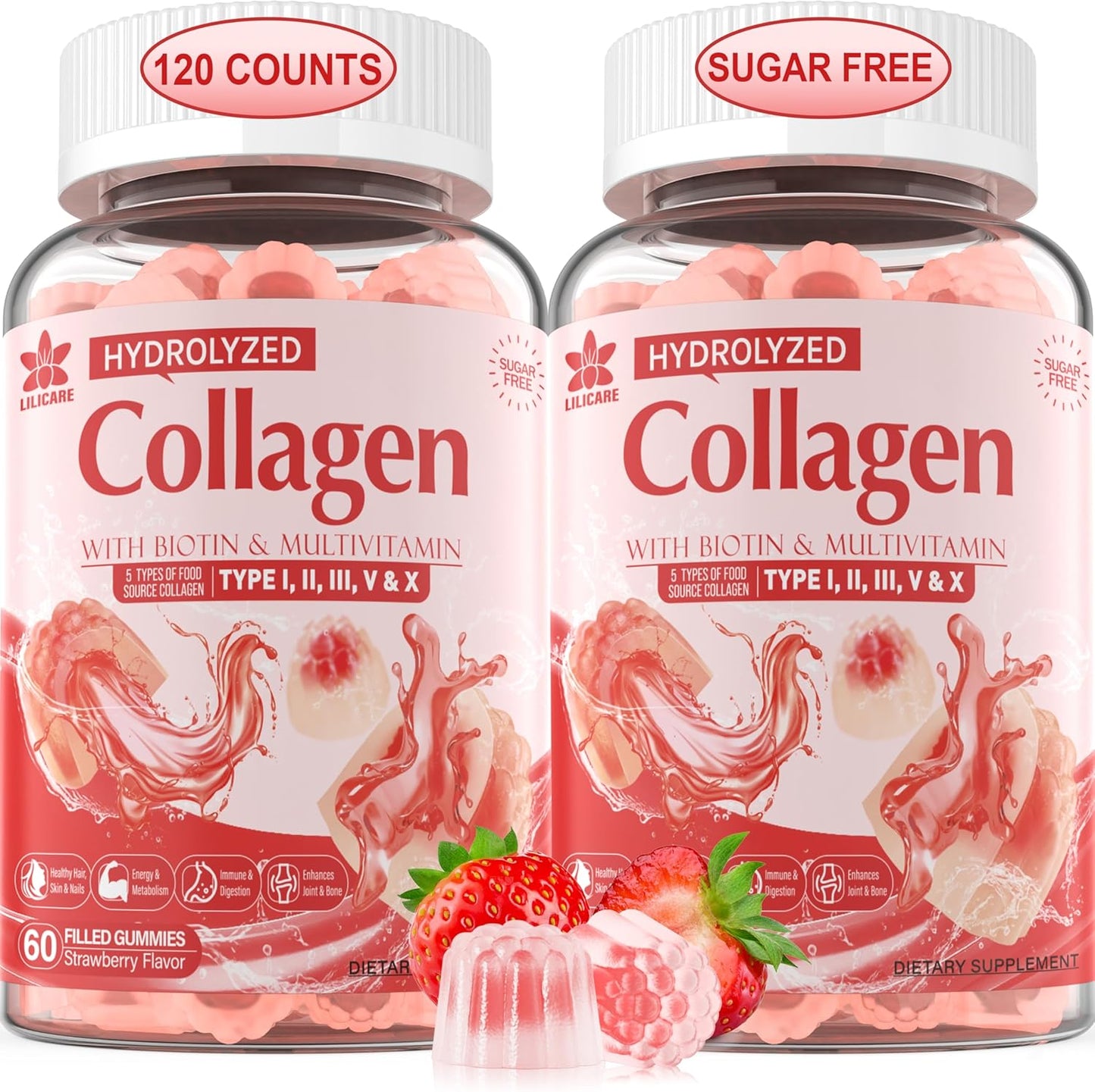 2-Pack Sugar-Free Hydrolyzed Collagen Peptide Gummies for Immune Support and Healthy Hair, Skin, Nails, and Bones - 1500mg Protein with Biotin, Vitamin C, A, E, D3, B6, B12