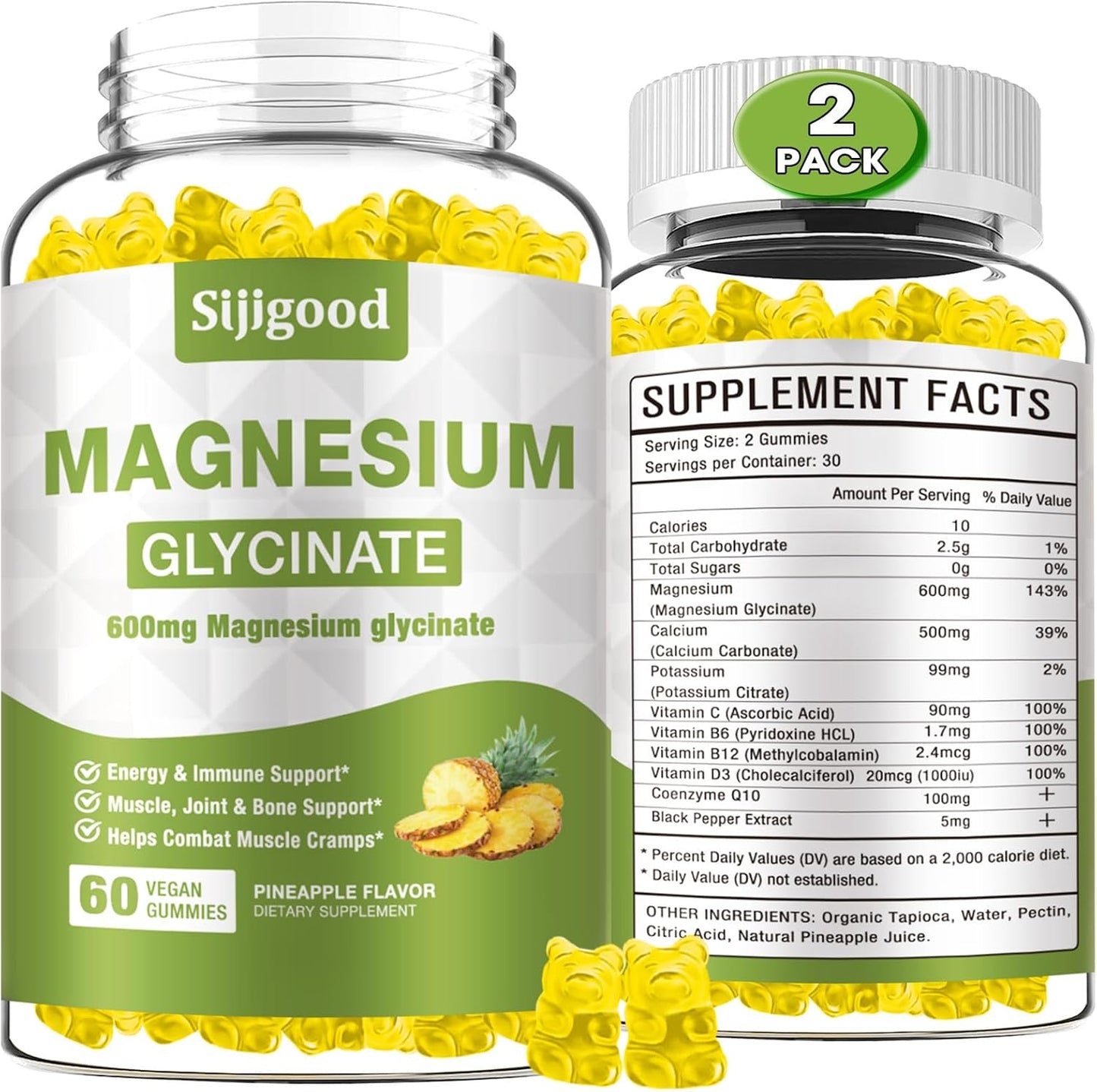 2 Pack Sugar-Free Magnesium Glycinate Gummies for Relaxation & Sleep Support - 120 Count Pineapple Flavored Supplement with Vitamin C, B6, Potassium, and CoQ10 for Adults & Kids