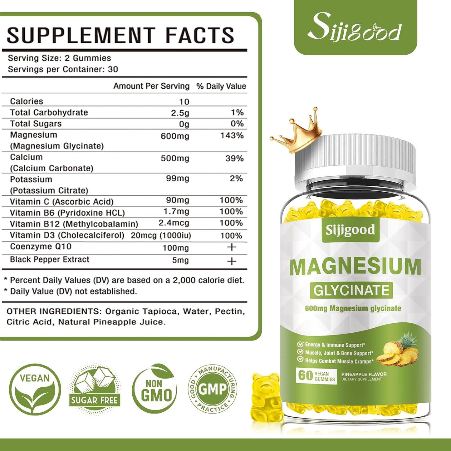 2 Pack Sugar-Free Magnesium Glycinate Gummies for Relaxation & Sleep Support - 120 Count Pineapple Flavored Supplement with Vitamin C, B6, Potassium, and CoQ10 for Adults & Kids