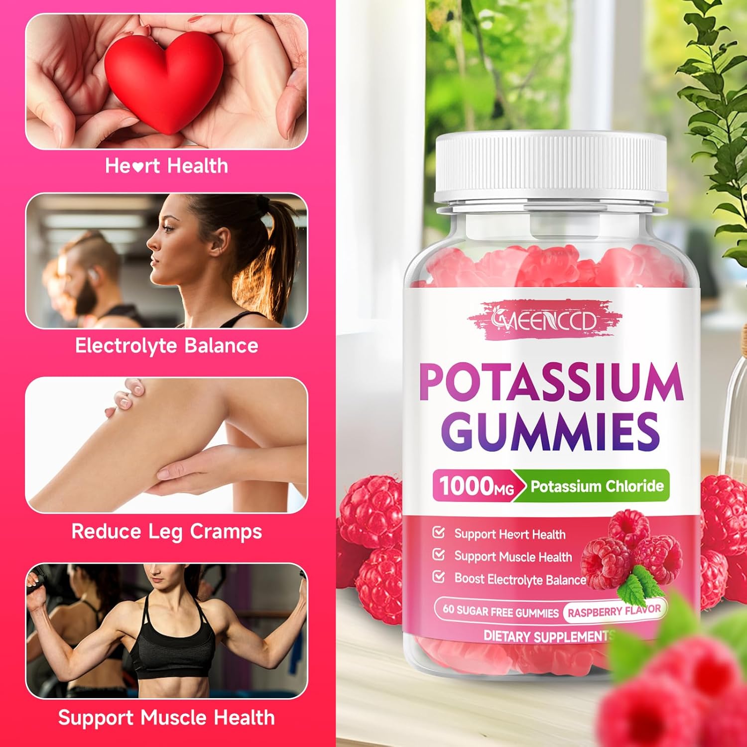 2 Pack Sugar-Free Potassium Gummies 1000mg for Adults - Electrolyte Balance Support & Leg Cramp Relief - Raspberry Flavor - 120 Count