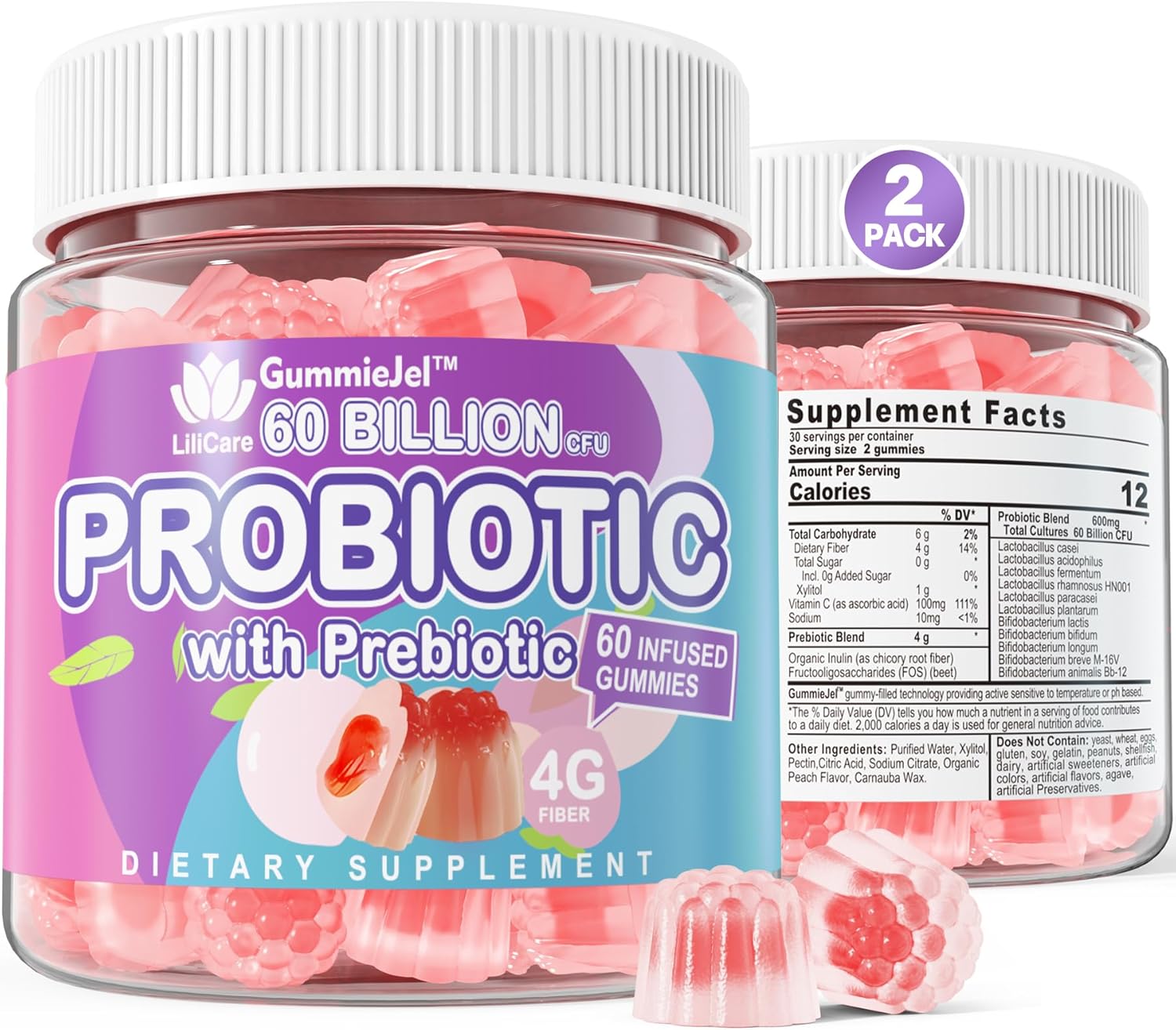 2-Pack Sugar-Free Probiotic & Prebiotic Gummies - 60 Billion CFU, 11 Strains - Digestive & Gut Health Support for Men & Women - Constipation, Diarrhea, Gas, Bloating Relief