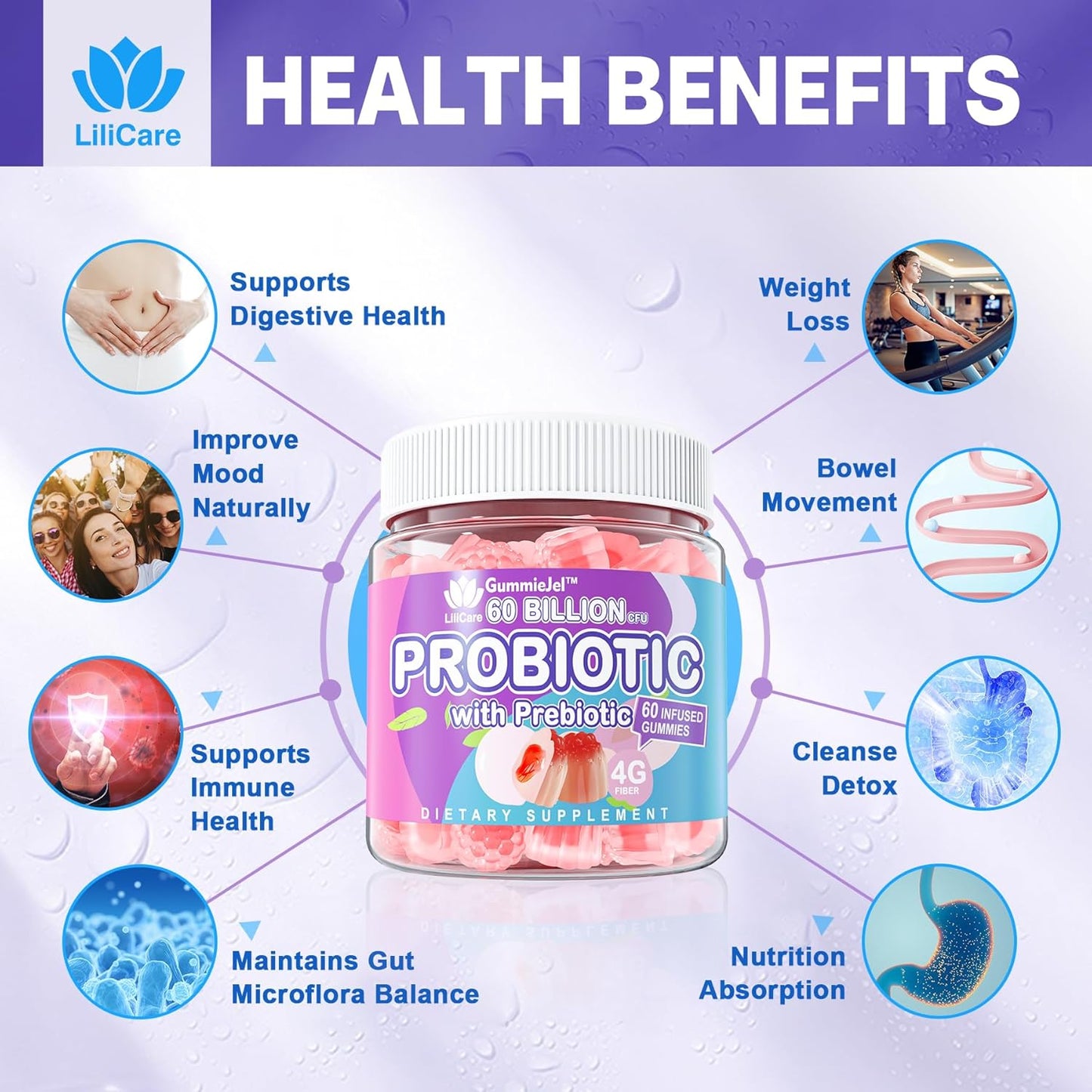 2-Pack Sugar-Free Probiotic & Prebiotic Gummies - 60 Billion CFU, 11 Strains - Digestive & Gut Health Support for Men & Women - Constipation, Diarrhea, Gas, Bloating Relief